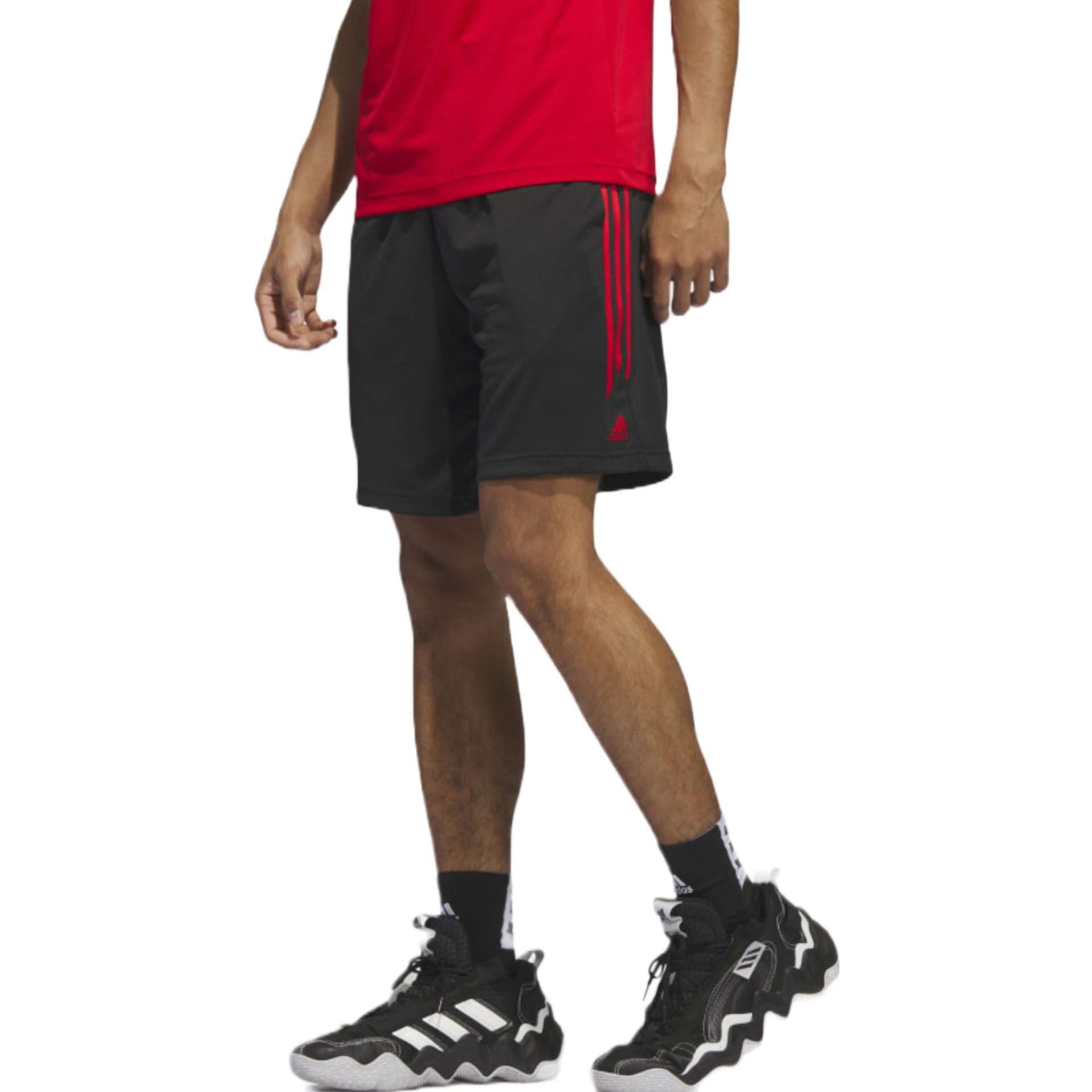 A pair of adidas Legends 3-Stripes Basketball Shorts in black with three white stripes on the sides