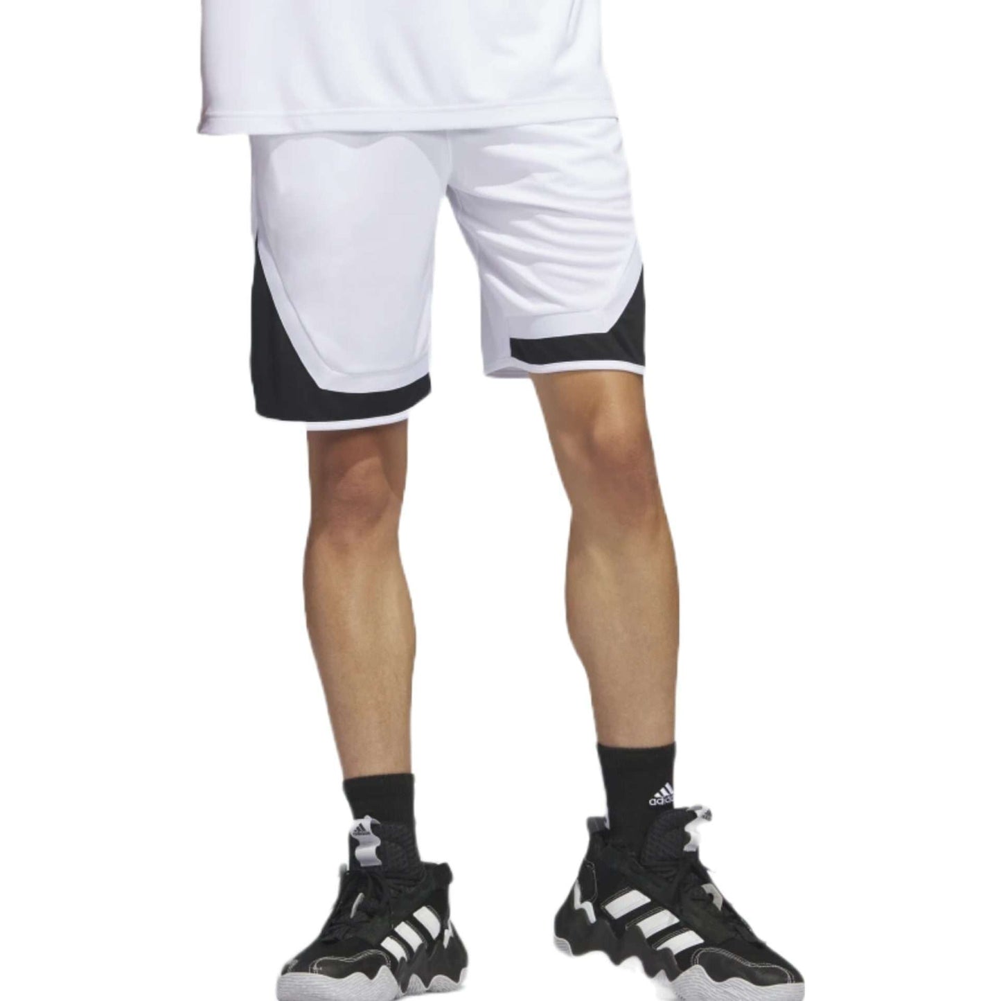 Adidas Pro Block Shorts in White/Black. Sleek and stylish athletic shorts with a color block design in white and black, featuring the Adidas logo.