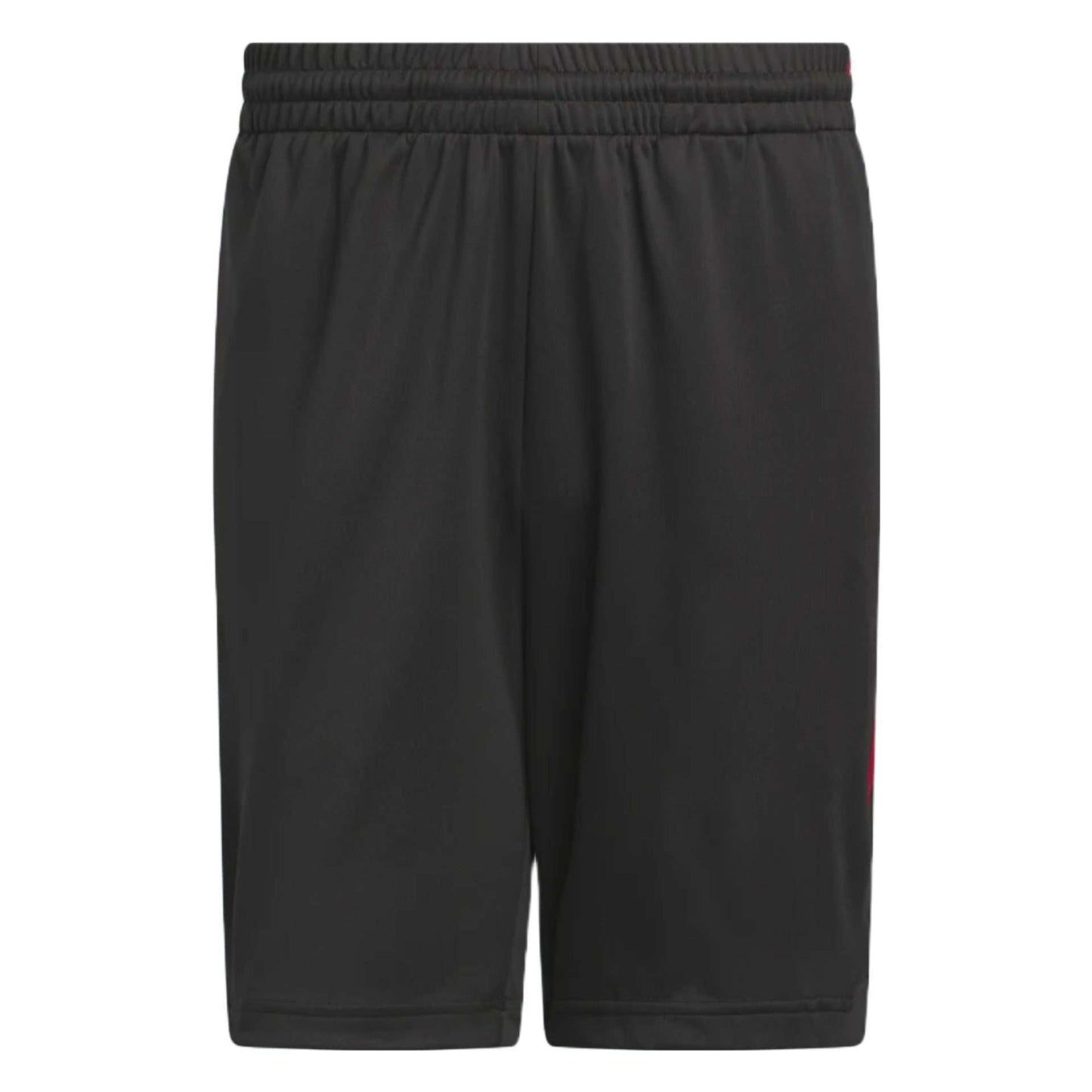 A pair of adidas Legends 3-Stripes Basketball Shorts in black with three white stripes on the sides