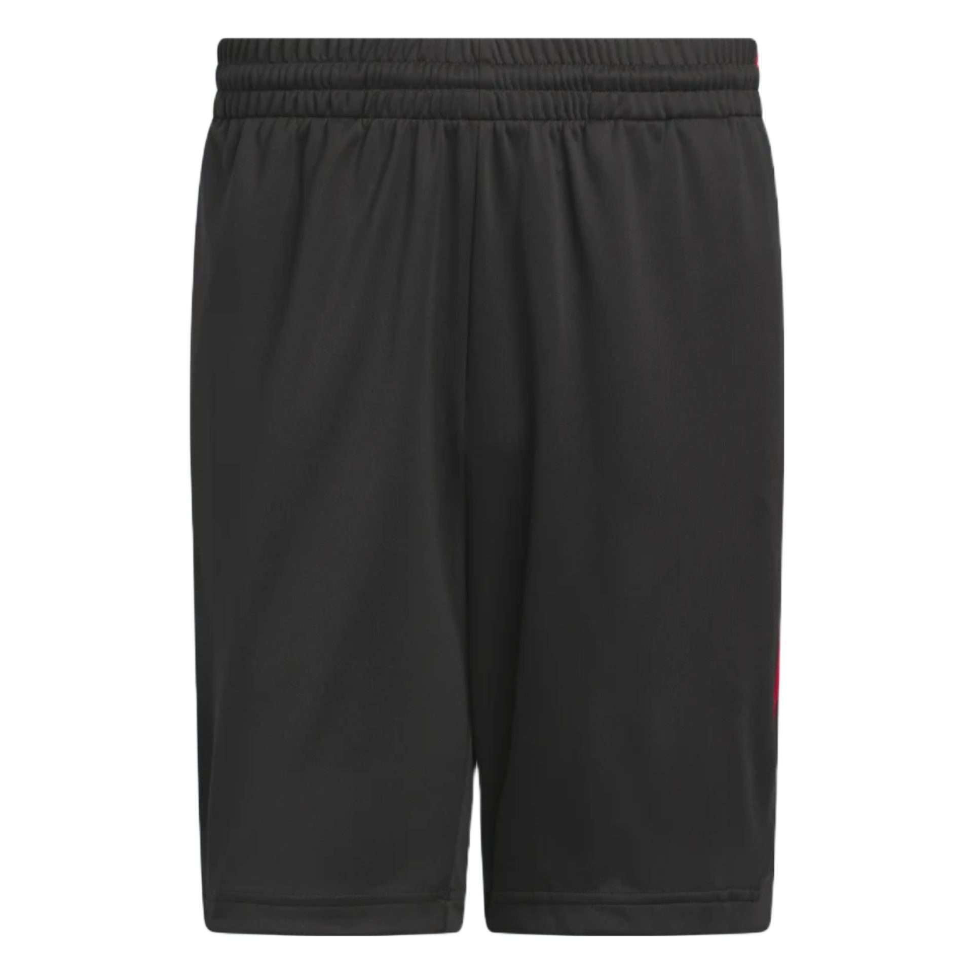 A pair of adidas Legends 3-Stripes Basketball Shorts in black with three white stripes on the sides