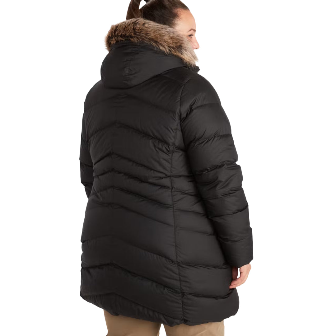 Marmot Women's Montreal Plus Size Mid-Thigh Down Puffer Coat in classic black, designed for superior warmth and comfort during cold-weather adventures.