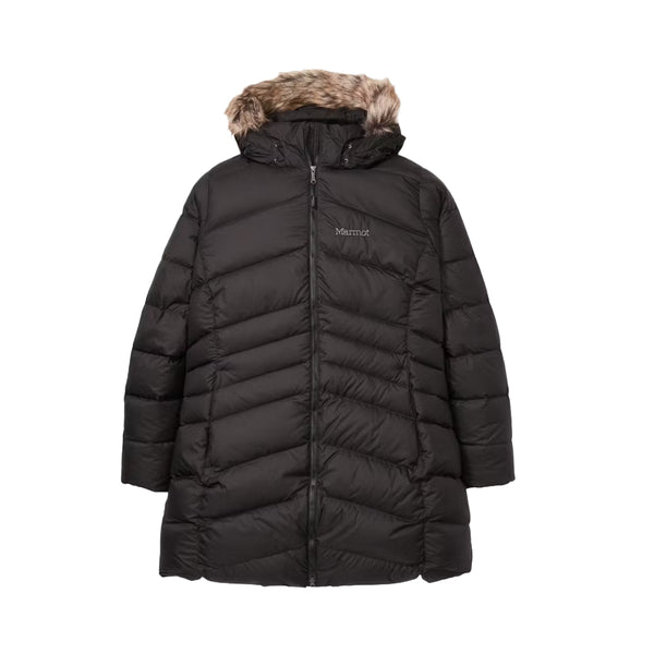 Marmot Women's Montreal Plus Size Mid-Thigh Down Puffer Coat in classic black, designed for superior warmth and comfort during cold-weather adventures.