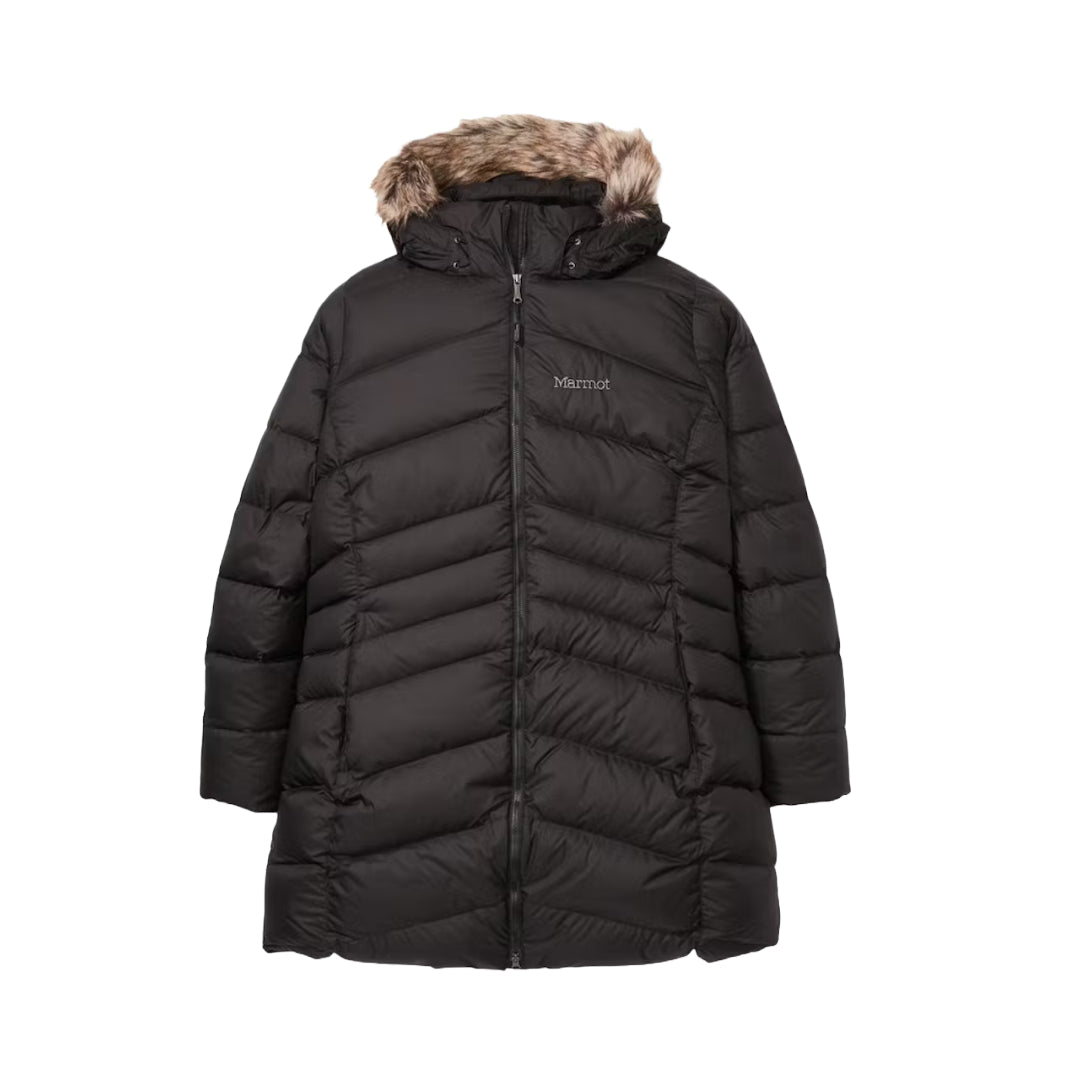 Marmot Women's Montreal Plus Size Mid-Thigh Down Puffer Coat in classic black, designed for superior warmth and comfort during cold-weather adventures.