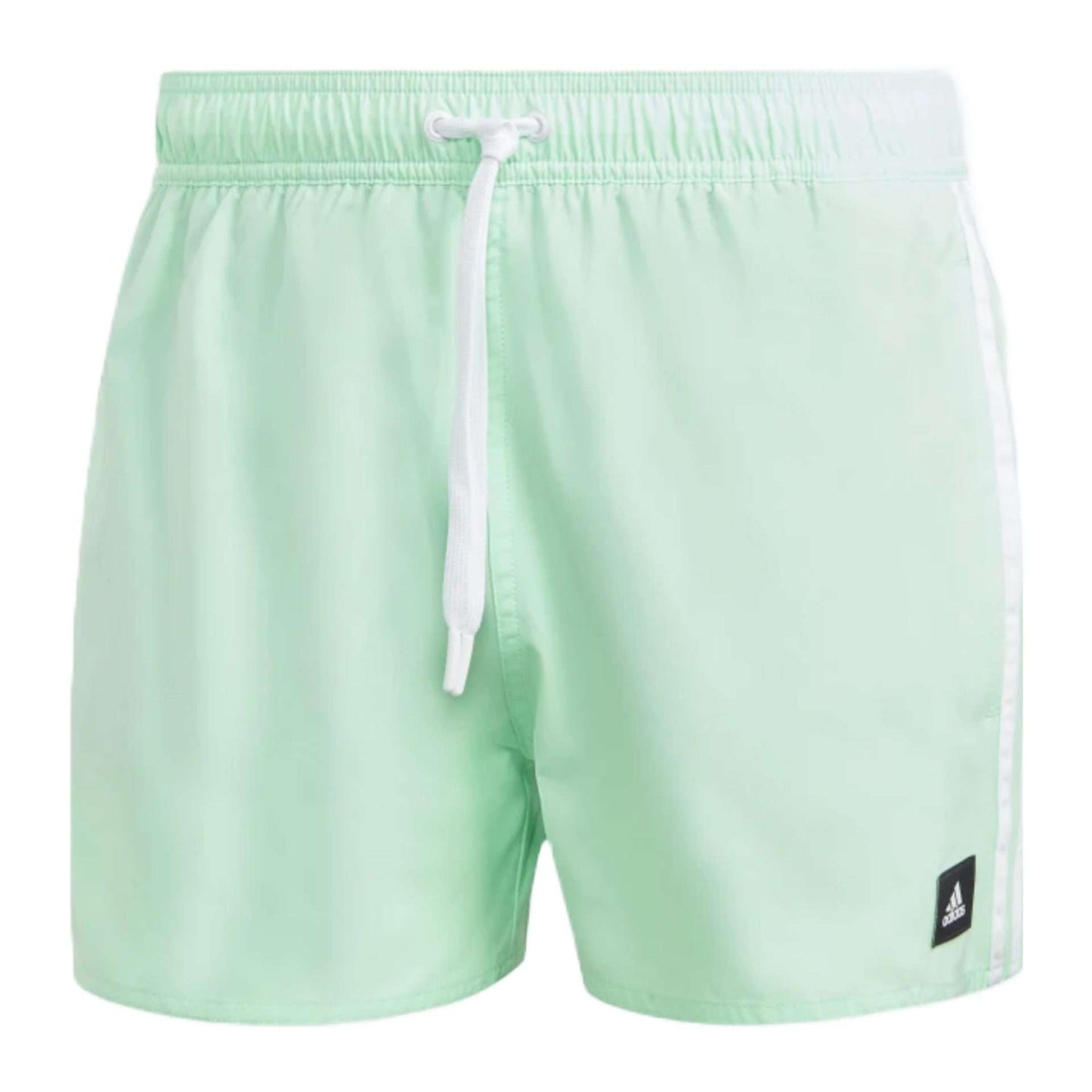A pair of white Adidas 3-Stripes CLX Swim Shorts with white stripes and a small Adidas logo.