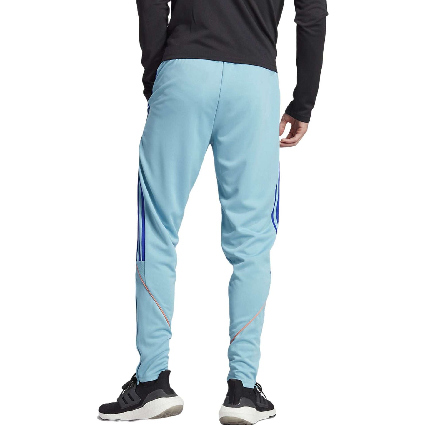 Adidas Men's Tiro23 Track Pants in Preloved Blue/Lucid Blue with white stripes down the sides and Adidas logo on the left thigh