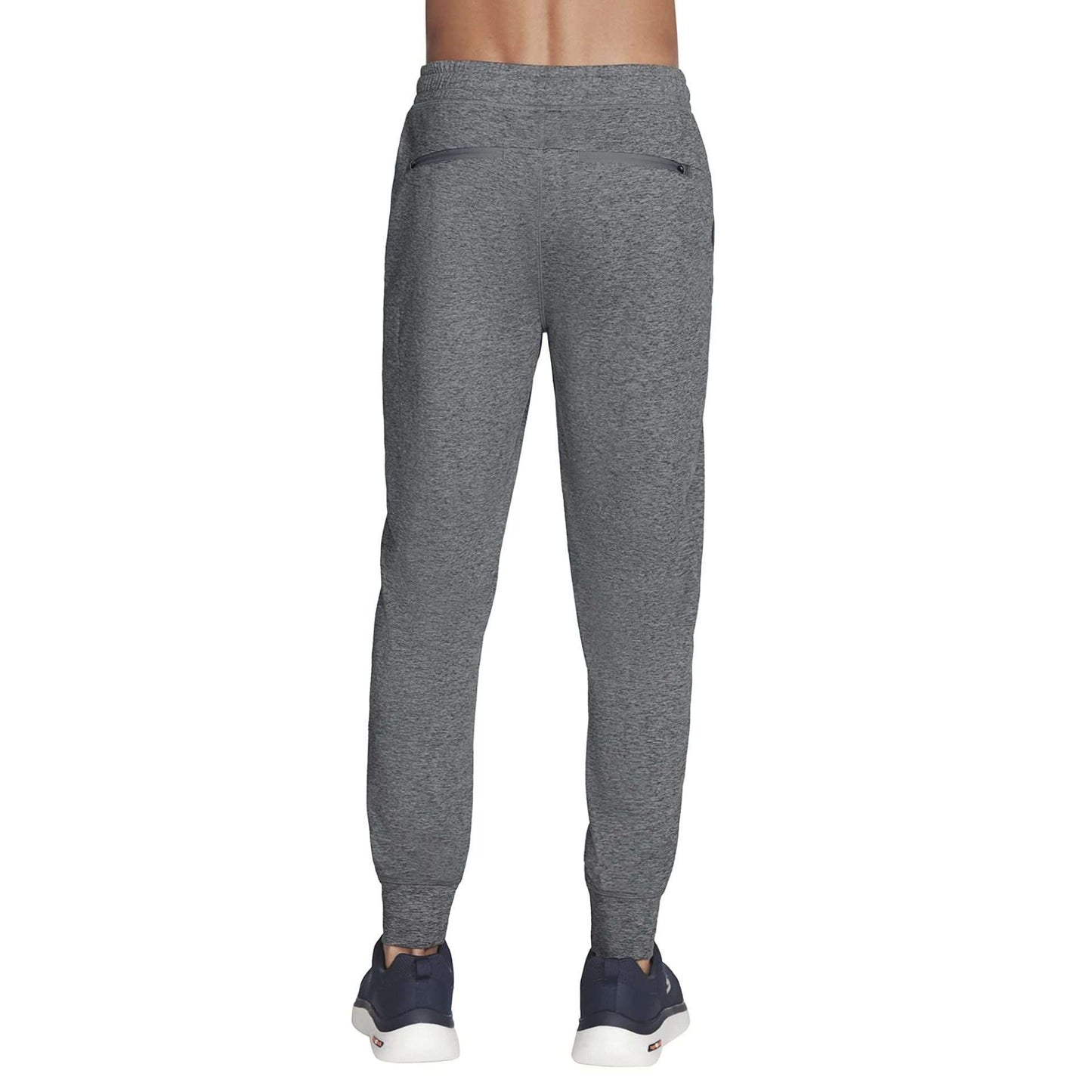 A pair of charcoal Skechers jogger pants for men with a logo on the left leg