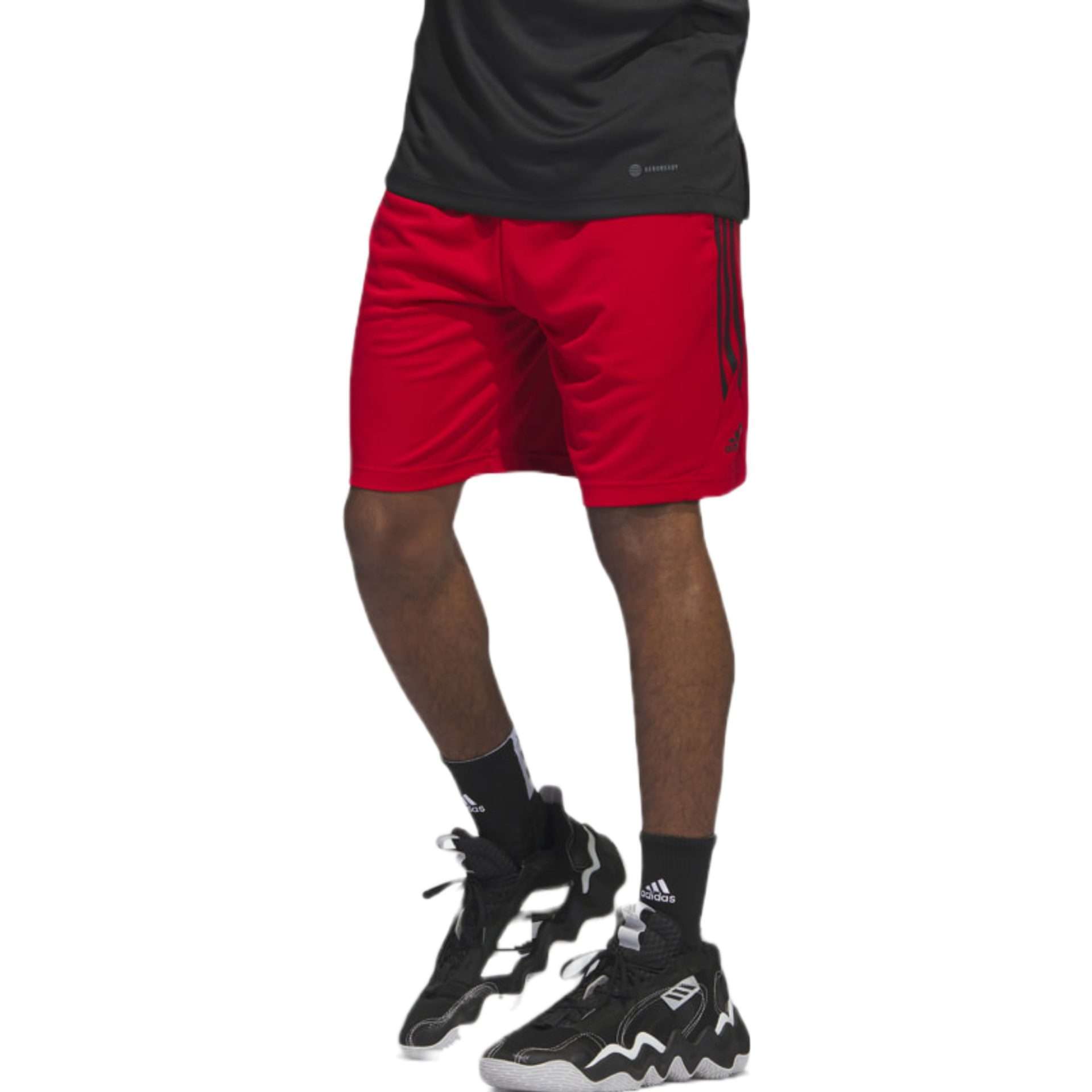 A pair of black Adidas Legends 3-Stripes basketball shorts with white stripes and a white Adidas logo