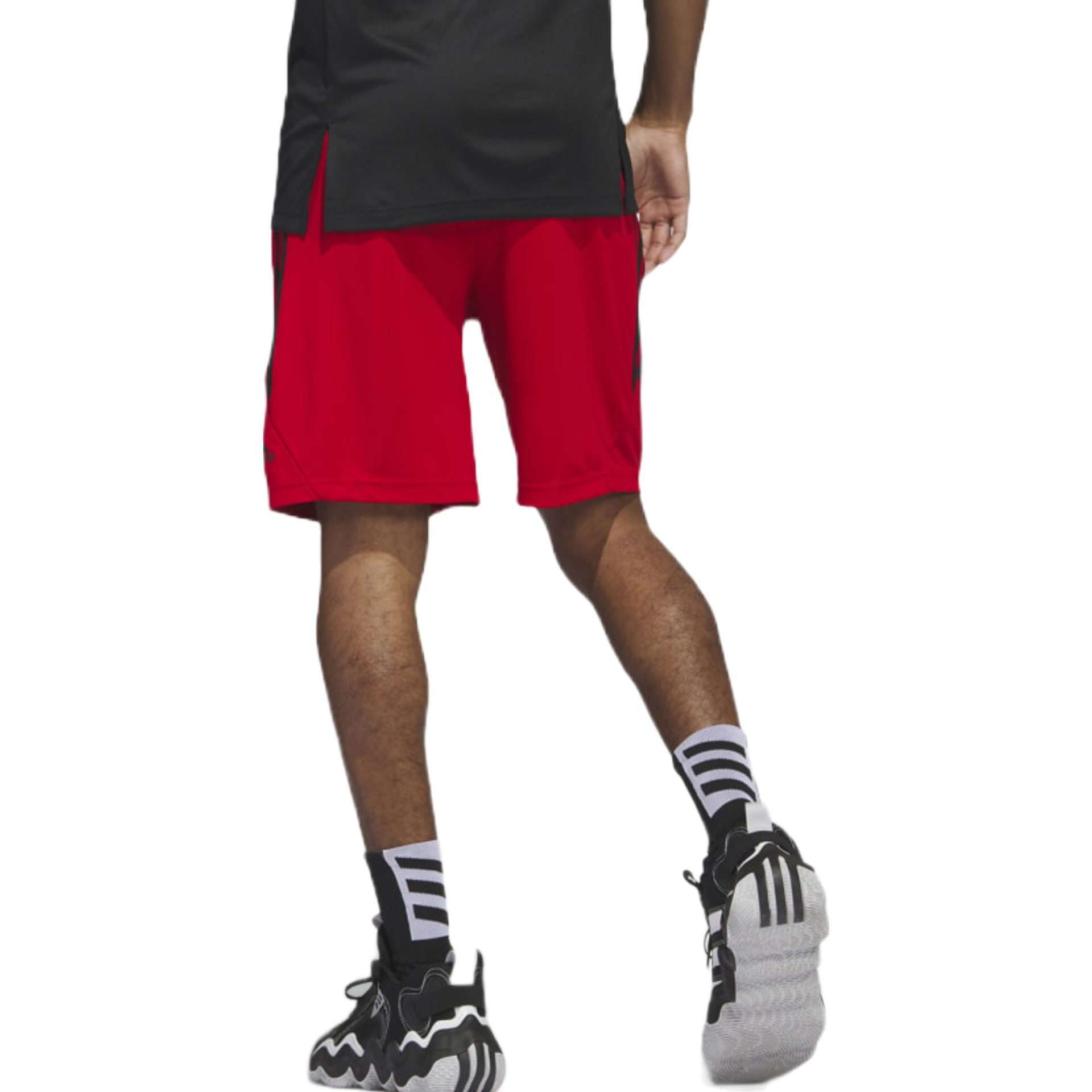 A pair of black Adidas Legends 3-Stripes basketball shorts with white stripes and a white Adidas logo