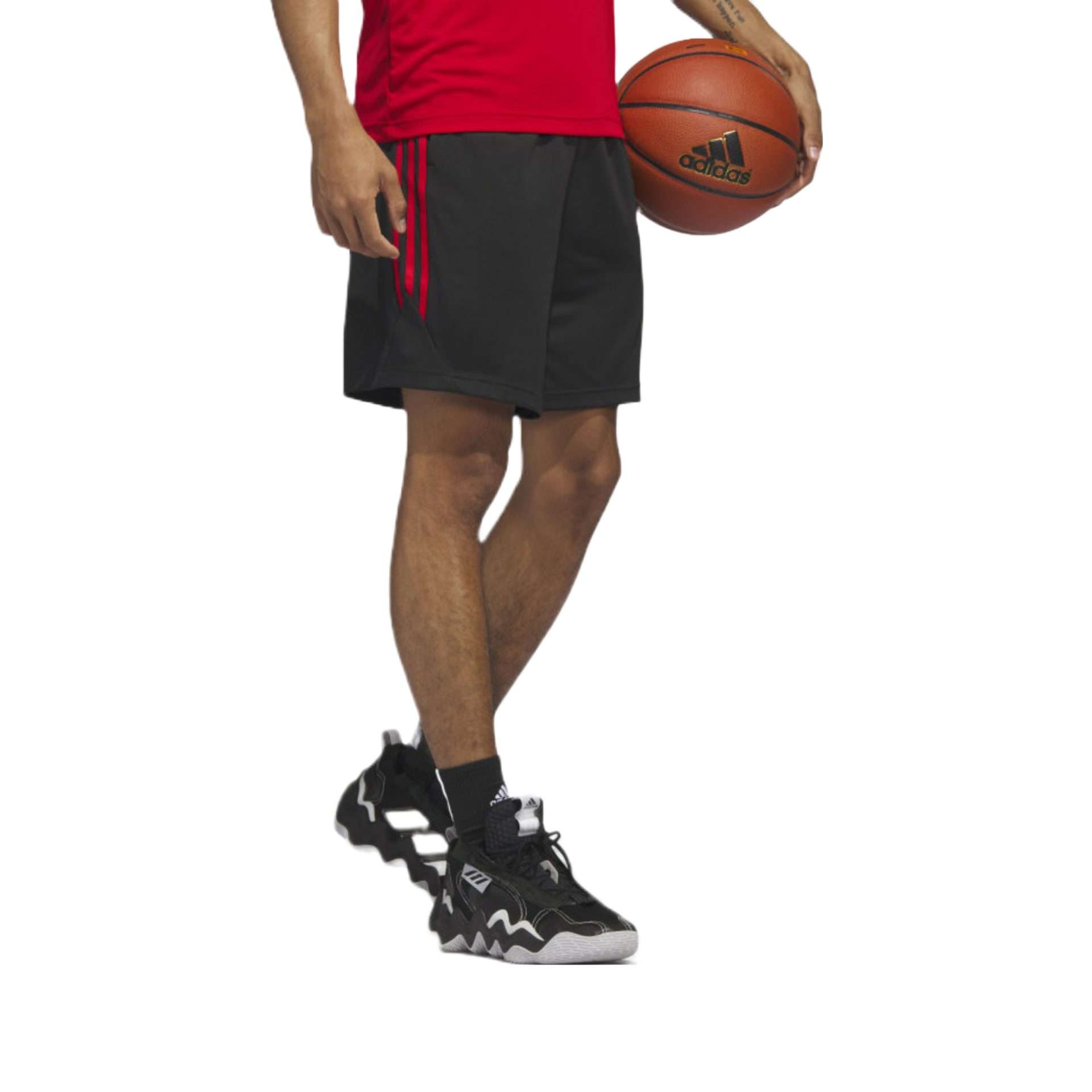 A pair of adidas Legends 3-Stripes Basketball Shorts in black with three white stripes on the sides