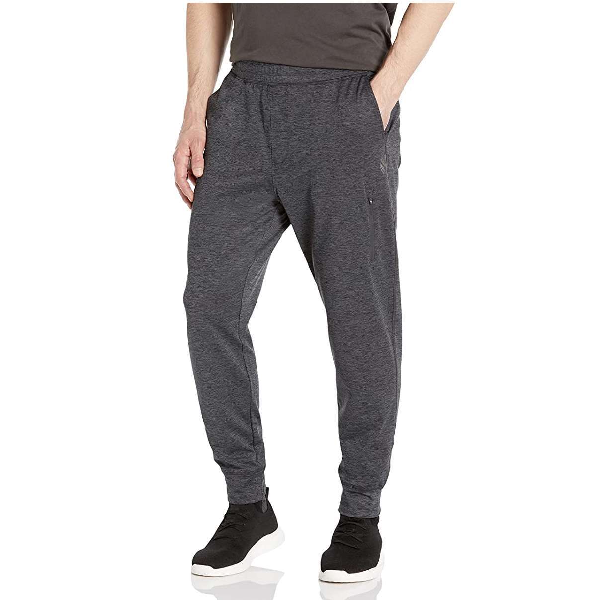 A pair of charcoal Skechers jogger pants for men with a logo on the left leg
