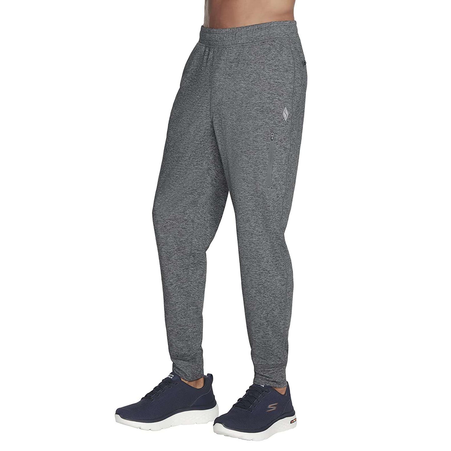 A pair of charcoal Skechers jogger pants for men with a logo on the left leg