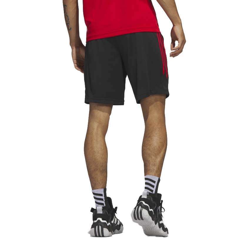 A pair of adidas Legends 3-Stripes Basketball Shorts in black with three white stripes on the sides