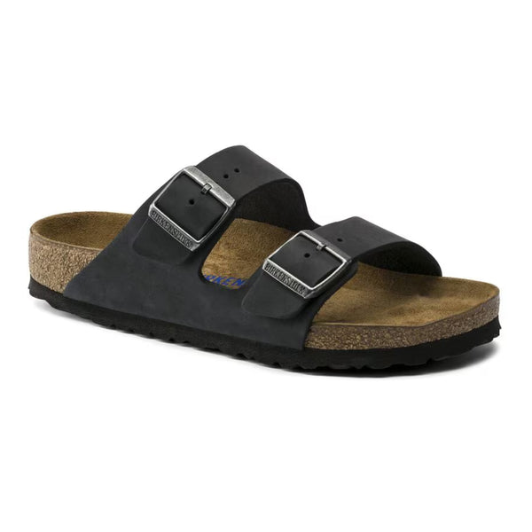 BIRKENSTOCK Men’s Arizona Soft Footbed Slides with two adjustable straps, cork‑latex footbed, and cushioned comfort.