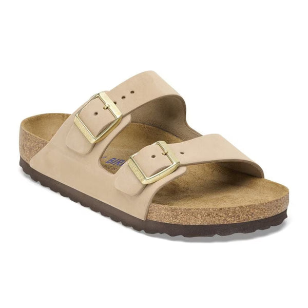 BIRKENSTOCK ARIZONA SOFT FOOTBED SLIDES - SANDCASTLE