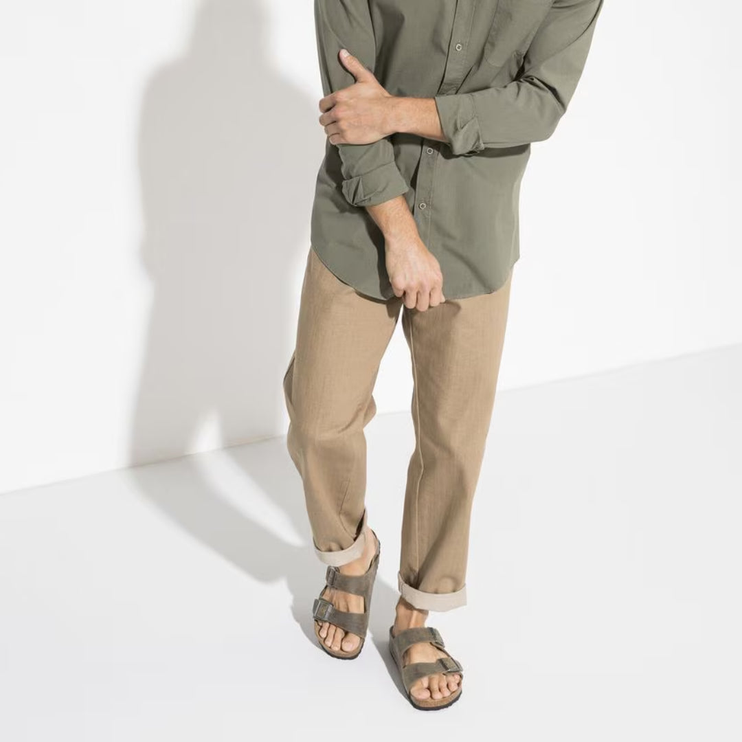 BIRKENSTOCK ARIZONA SOFT FOOTBED SLIDES - FADED KHAKI