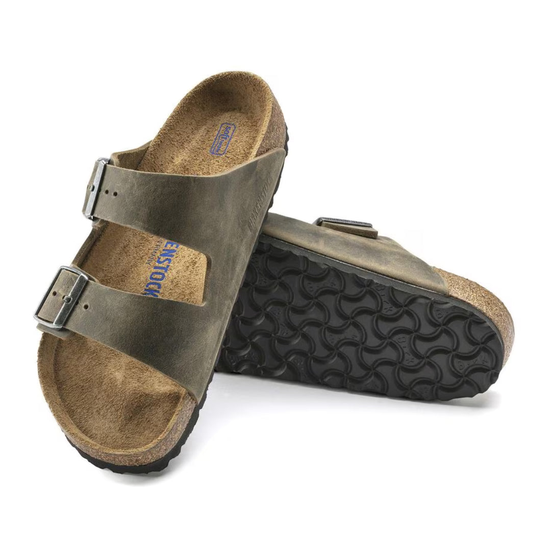 BIRKENSTOCK ARIZONA SOFT FOOTBED SLIDES - FADED KHAKI