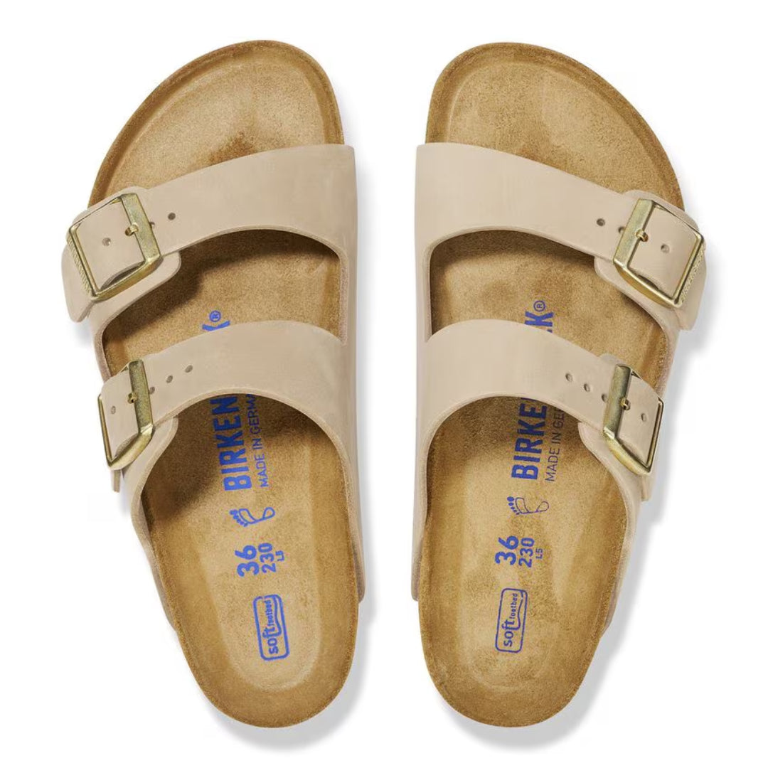 BIRKENSTOCK ARIZONA SOFT FOOTBED SLIDES - SANDCASTLE
