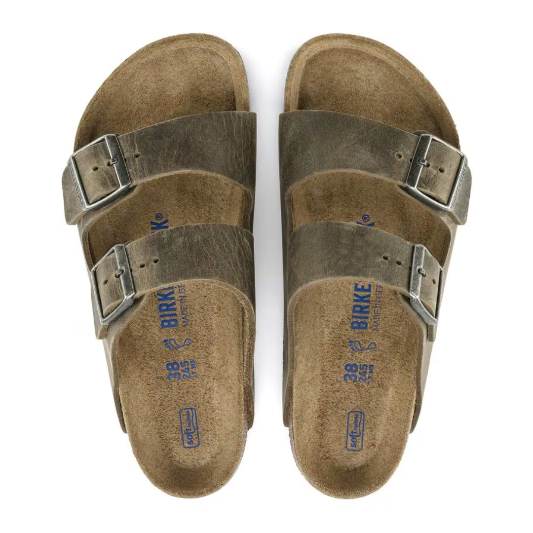 BIRKENSTOCK ARIZONA SOFT FOOTBED SLIDES - FADED KHAKI