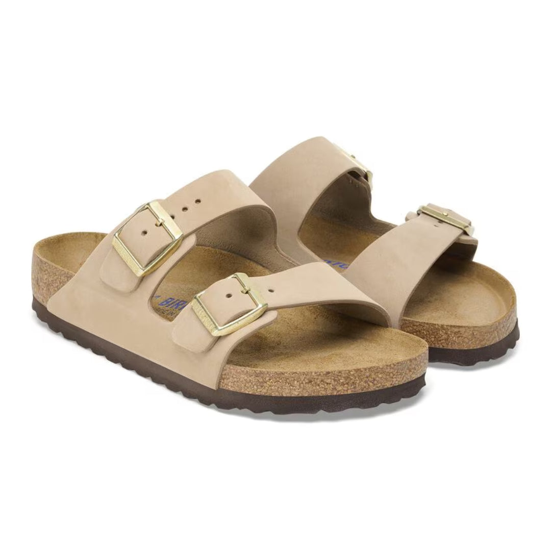 BIRKENSTOCK ARIZONA SOFT FOOTBED SLIDES - SANDCASTLE