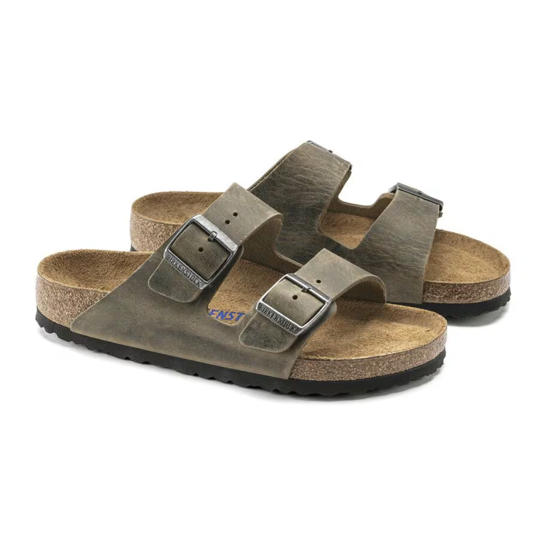 BIRKENSTOCK ARIZONA SOFT FOOTBED SLIDES - FADED KHAKI