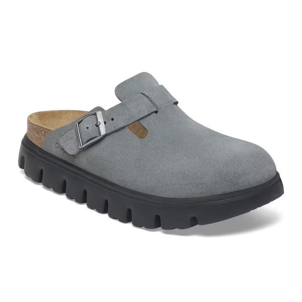 Birkenstock Boston PAP Chunky clog in suede with an oversized chunky sole and adjustable buckle strap, blending classic comfort with bold modern style.