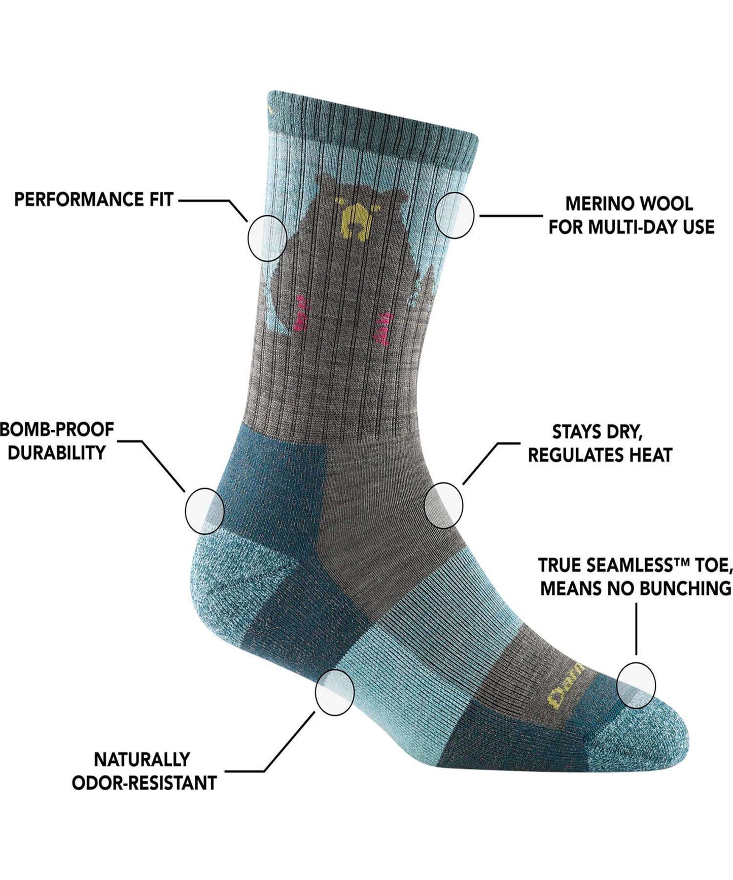 Darn Tough Women's Bear Town Micro Crew Lightweight Hiking Sock - Aqua (1970-C Aqua 0722)