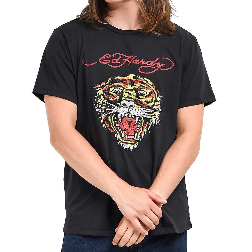 Ed Hardy Rhinestone Tiger Faded Black T-Shirt - Tiger Design with Rhinestones