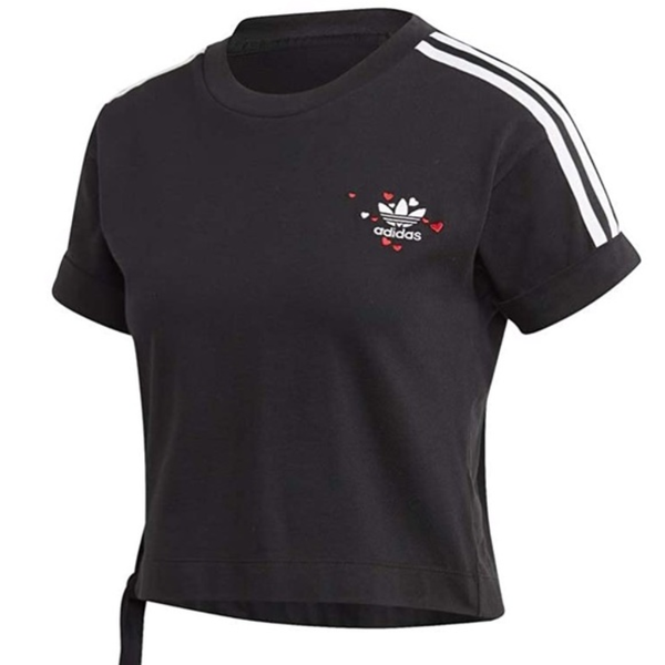 Embrace the sporting lifestyle with the adidas Originals Women's SS Black Cropped T-Shirt. With embroidered logo and decorative drawstrings, shop at Runnwalk.com.