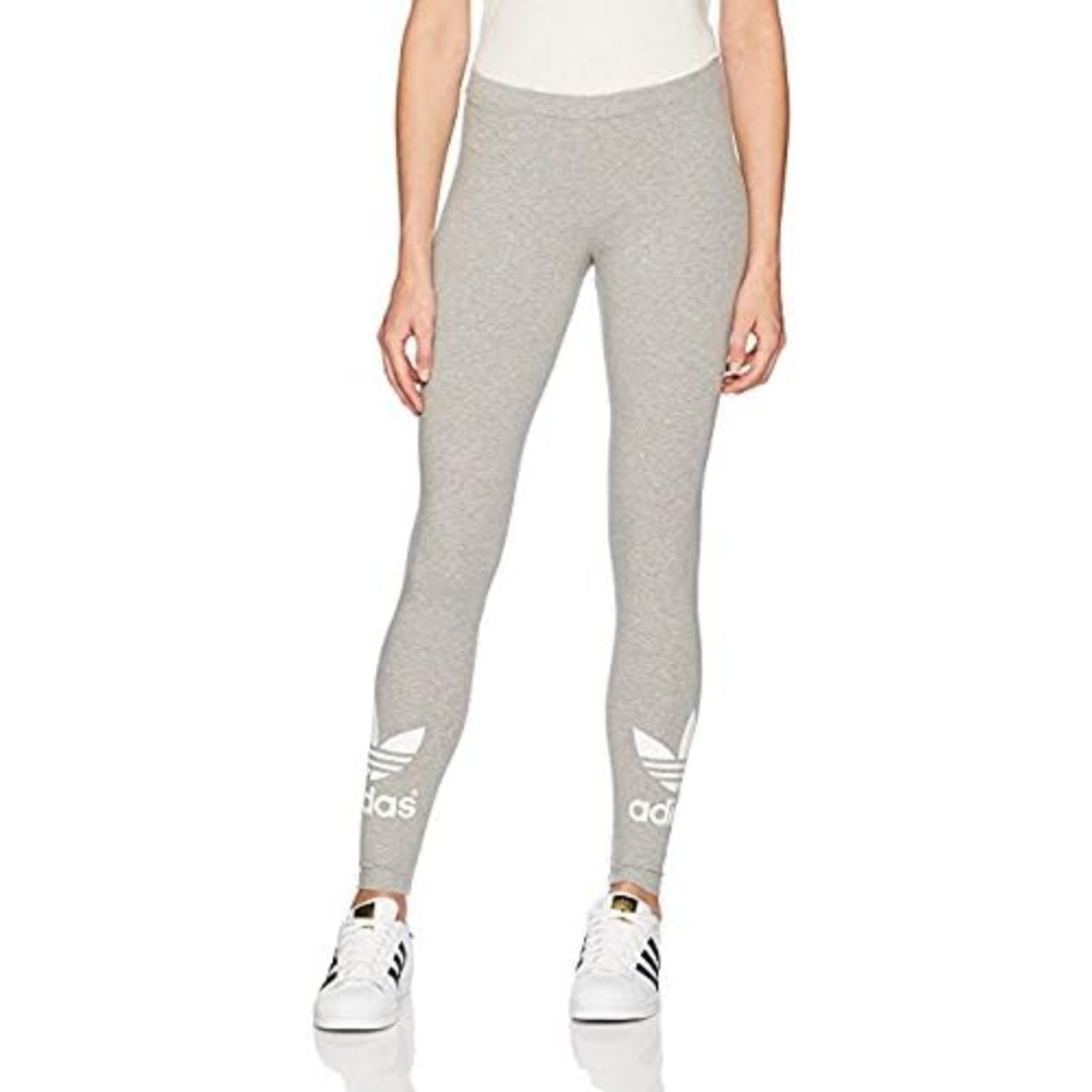 Adidas Originals Women's Trefoil Leggings in Medium Grey Heather with double rubber-print trefoil logos at the cuffs.