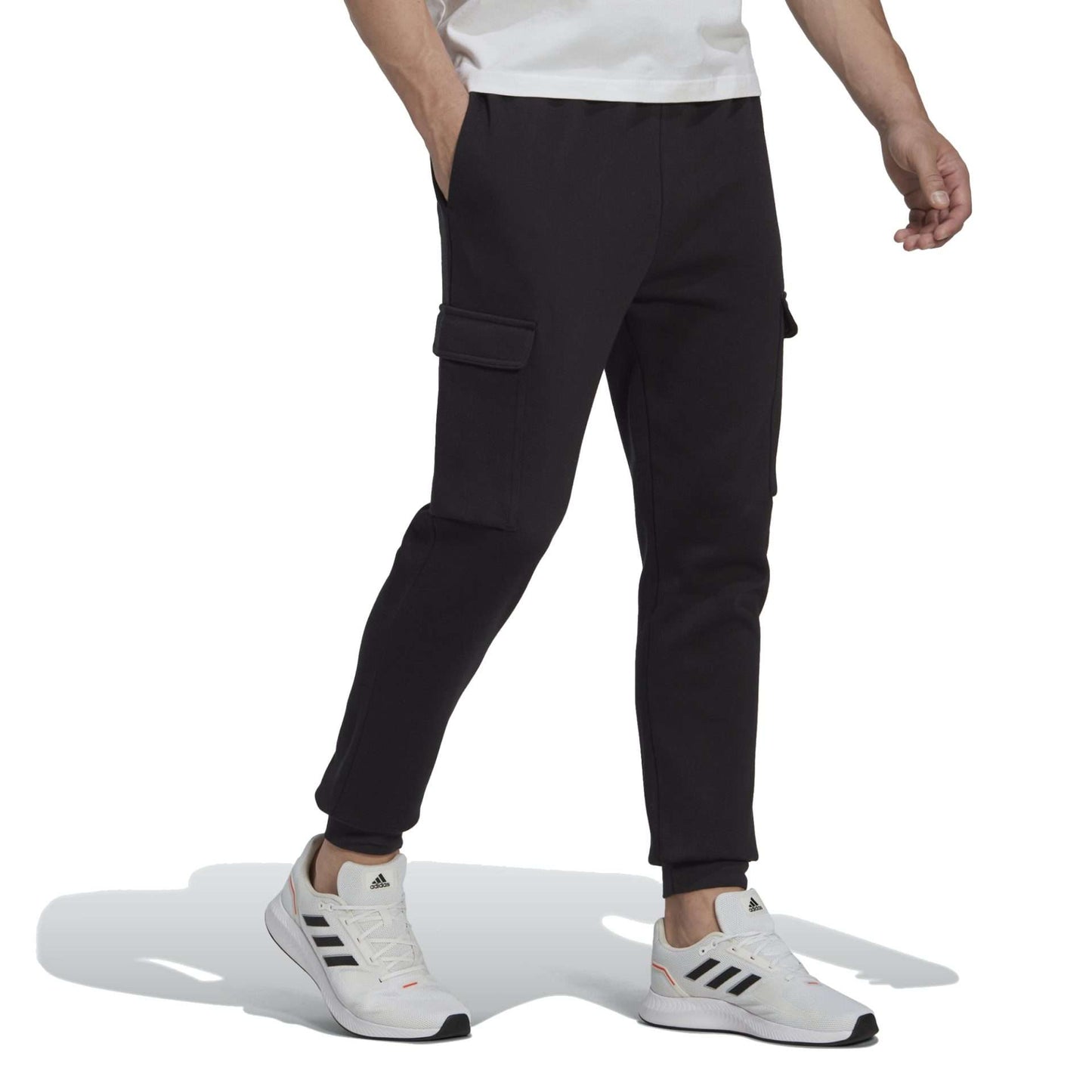 adidas Men's ESSENTIALS FLEECE REGULAR TAPERED CARGO PANTS , HL2232, Black / White