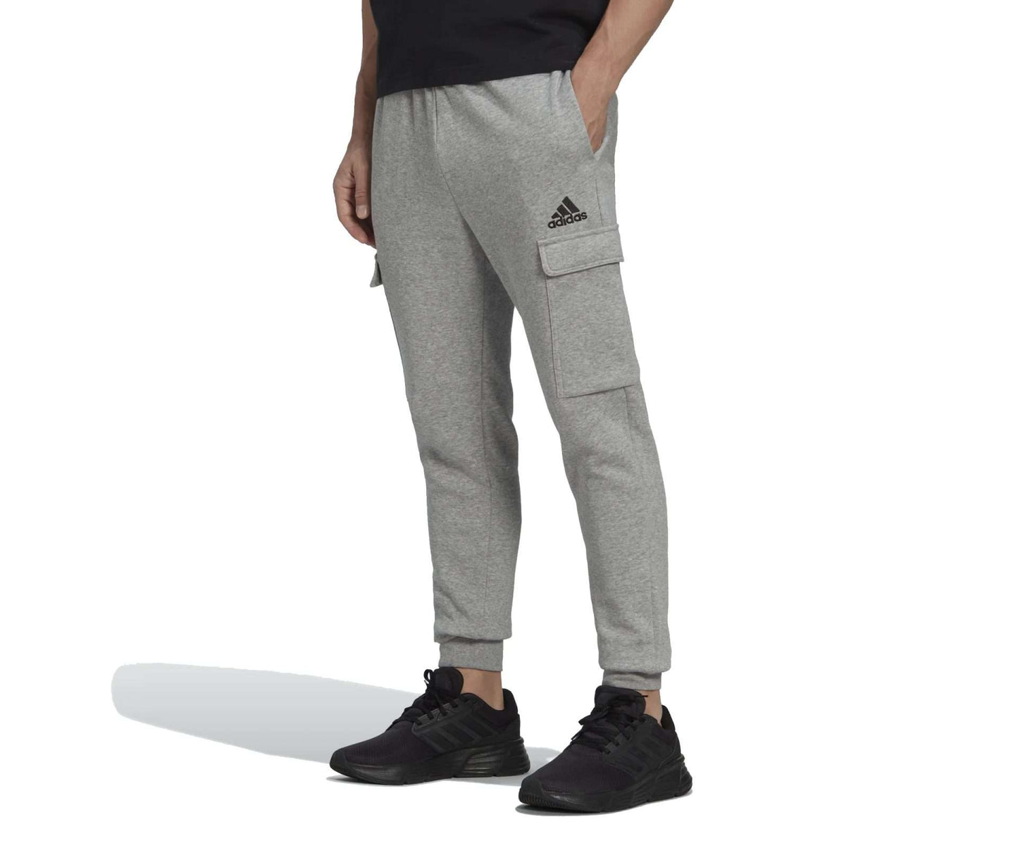 adidas Men's ESSENTIALS FLEECE REGULAR TAPERED CARGO PANTS , HL2234, Medium Grey Heather / Black