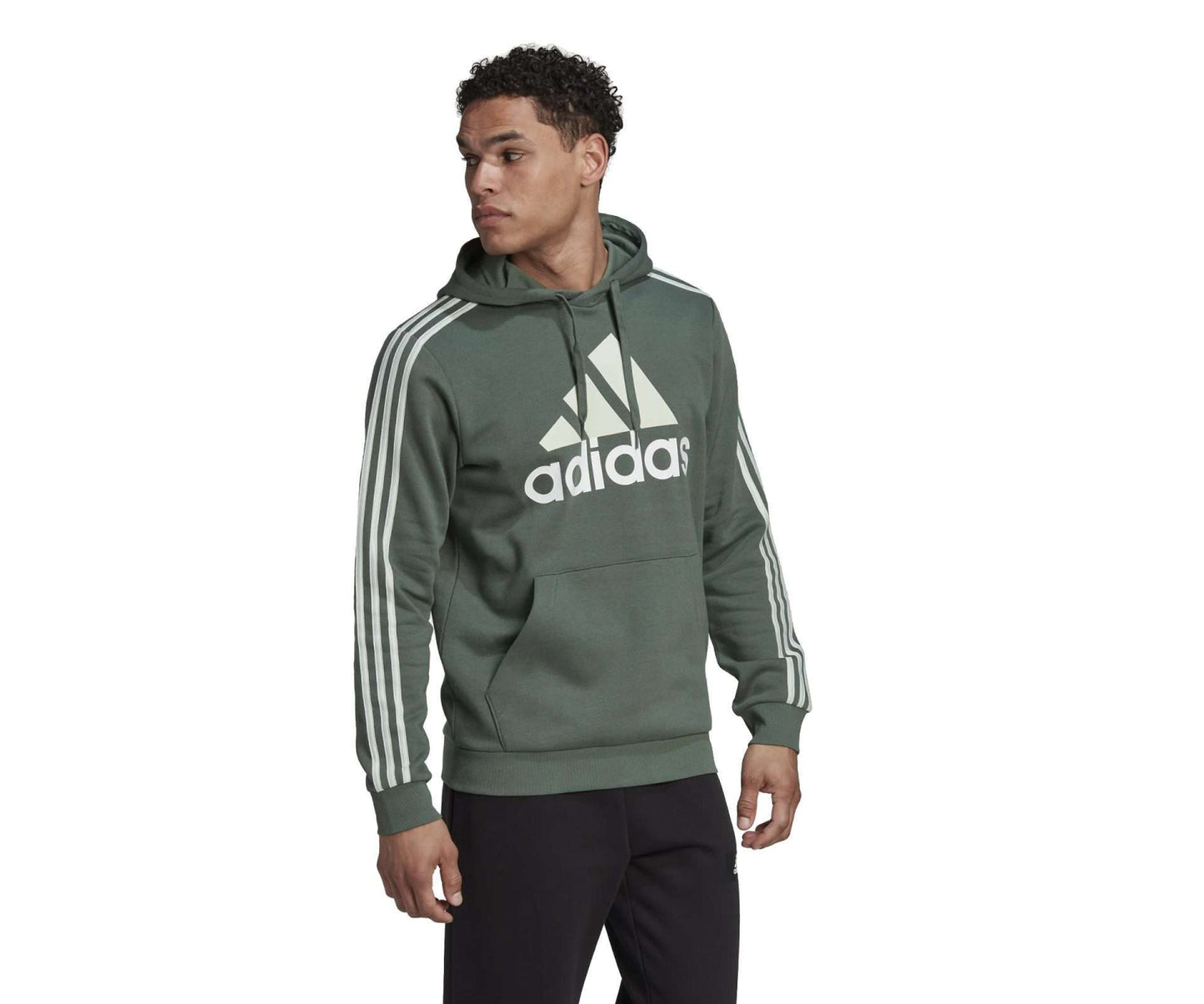 adidas MEN'S ESSENTIALS FLEECE 3-STRIPES LOGO HOODIE , HL2241, Green Oxide / Linen Green