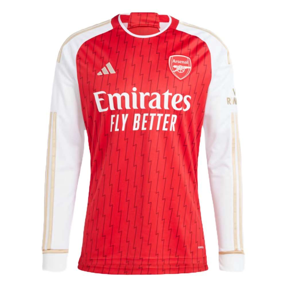 A front view of the adidas ARSENAL 23/24 Long Sleeve Home Jersey in red and white
