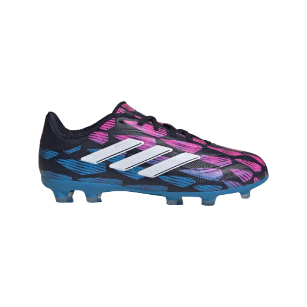 adidas Junior Copa Pure 2 League FG Soccer Shoes in white and black, designed for young players to maximize control and comfort on firm ground surfaces.