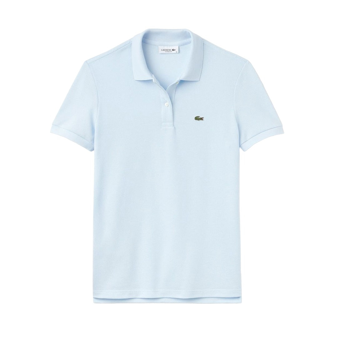 Lacoste women’s polo shirt in soft cotton petit piqué, featuring a classic fit, ribbed collar, and signature crocodile logo for timeless style.