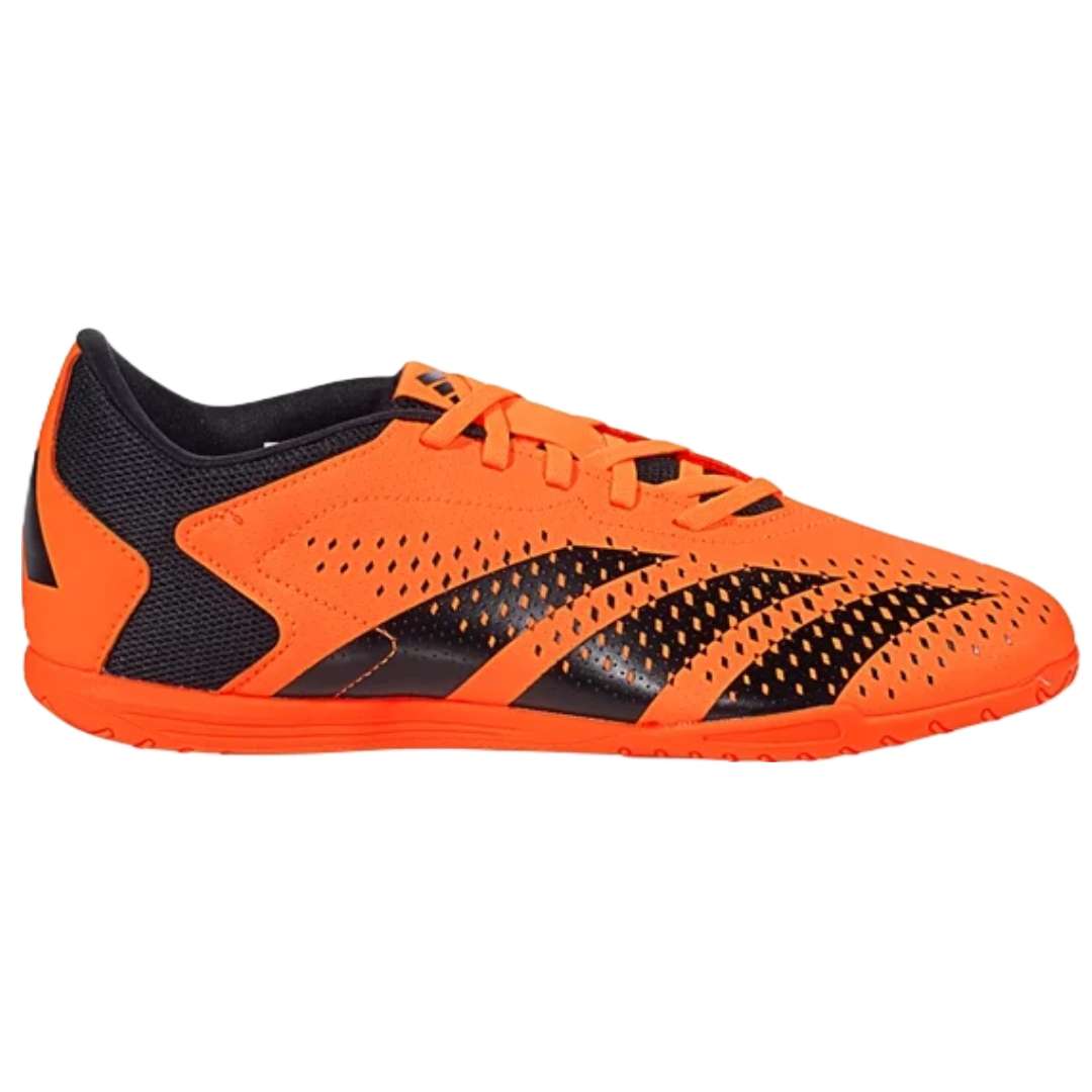 A pair of adidas Predator Accuracy.4 Indoor Sala Boots solar orange and core black. The shoes feature a synthetic upper with rubber elements, a non-marking rubber outsole, and the adidas logo on the side.