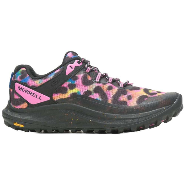 Front view of women's Antora 3 Leopard shoes by Merrell, with leopard print design and black laces.