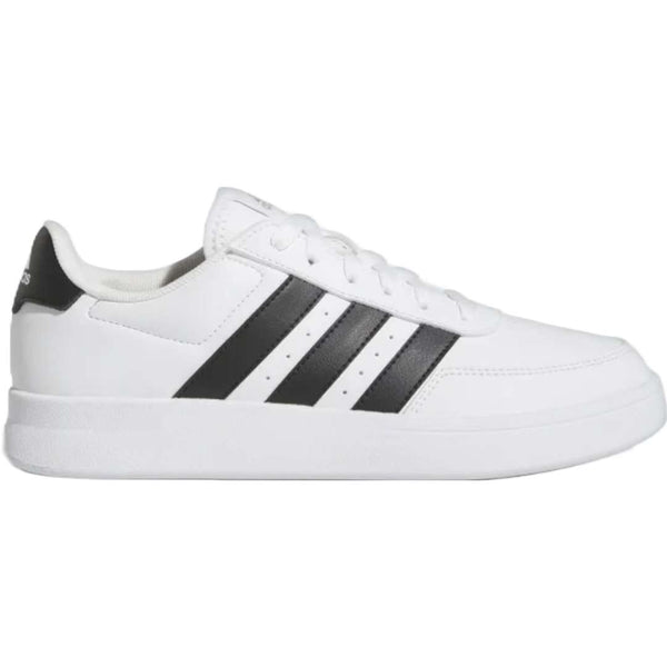 A pair of adidas Breaknet 2.0 sneakers for women in white with black strips. The sneakers feature a leather and synthetic upper, a rubber outsole, and the adidas logo on the side.