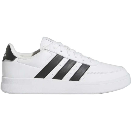 A pair of adidas Breaknet 2.0 sneakers for women in white with black strips. The sneakers feature a leather and synthetic upper, a rubber outsole, and the adidas logo on the side.