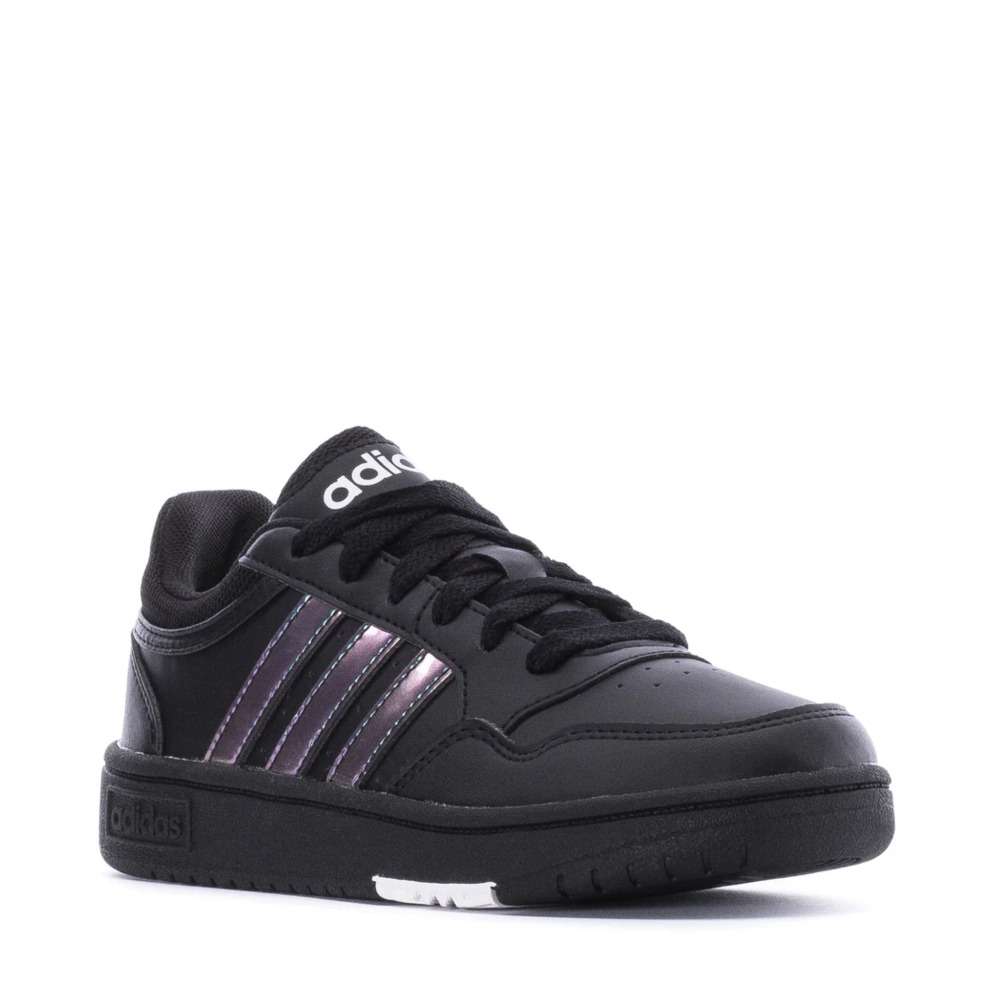 A pair of black Adidas Kids Hoops 3.0K sneakers with white stripes on the sides