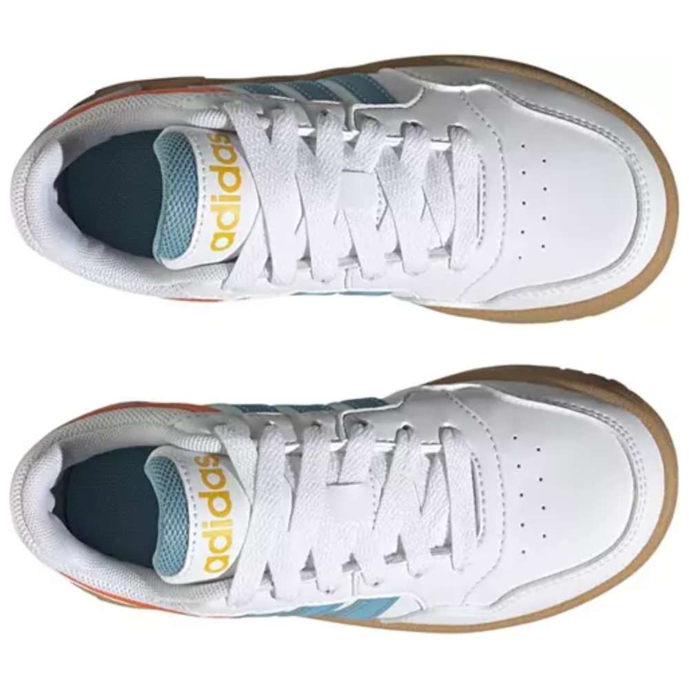 A pair of adidas Kids' Hoops 3.0 Sneakers in white/blue. The shoes feature a high-top design, a synthetic leather upper, and the adidas logo on the side