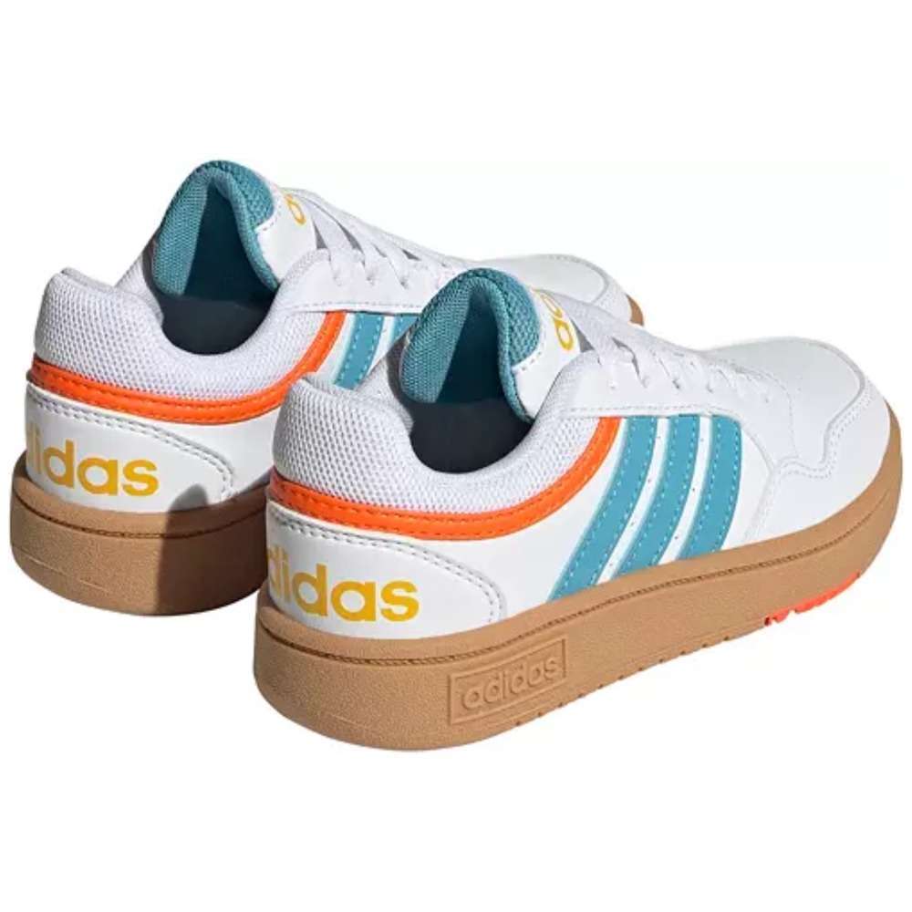 A pair of adidas Kids' Hoops 3.0 Sneakers in white/blue. The shoes feature a high-top design, a synthetic leather upper, and the adidas logo on the side