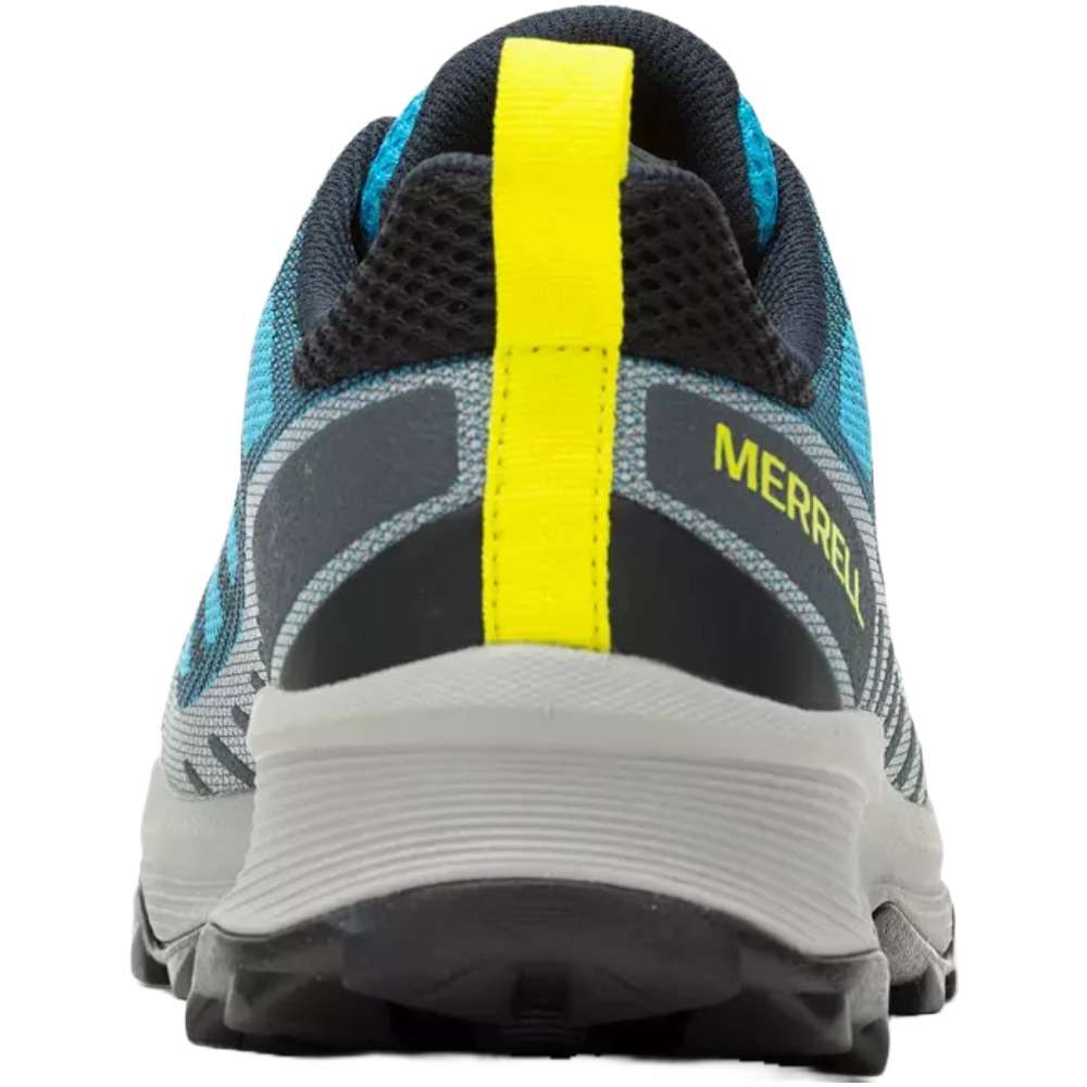A close-up of Merrell Men's Speed Eco Tahoe shoes on a hiking trail.