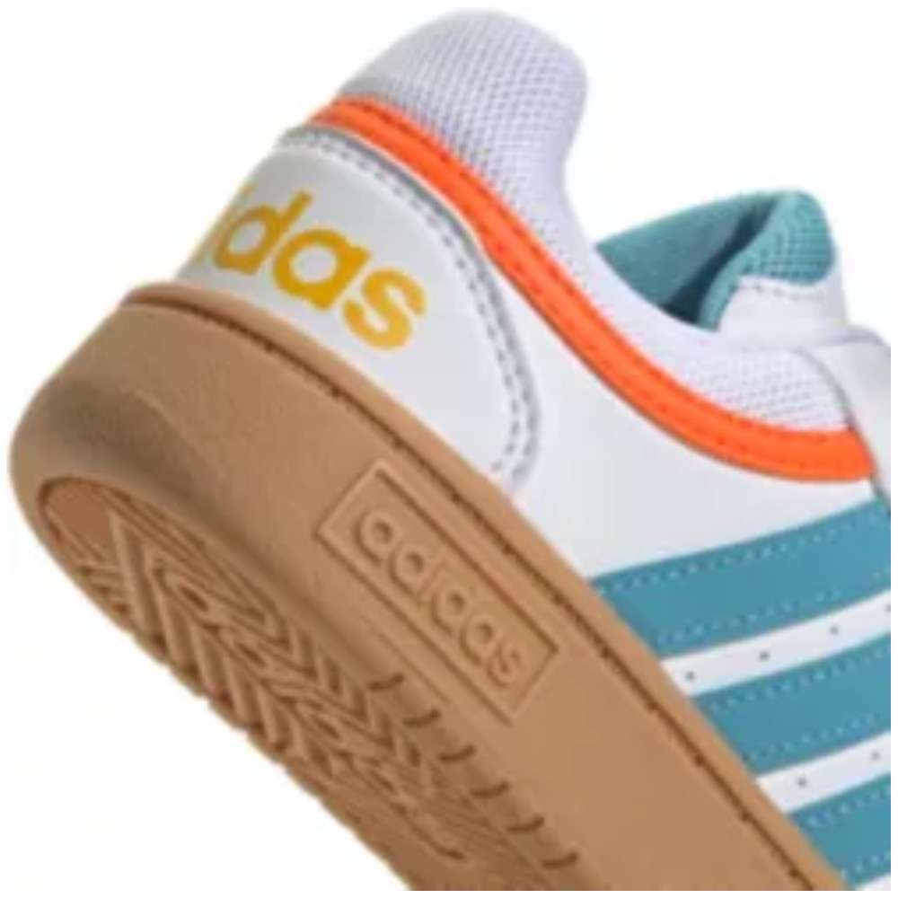 A pair of adidas Kids' Hoops 3.0 Sneakers in white/blue. The shoes feature a high-top design, a synthetic leather upper, and the adidas logo on the side