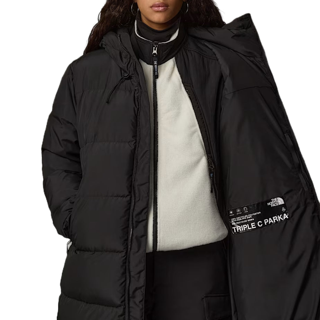 The North Face Women's Triple C Parka, long insulated winter coat with down fill, designed for warmth and style in cold weather.