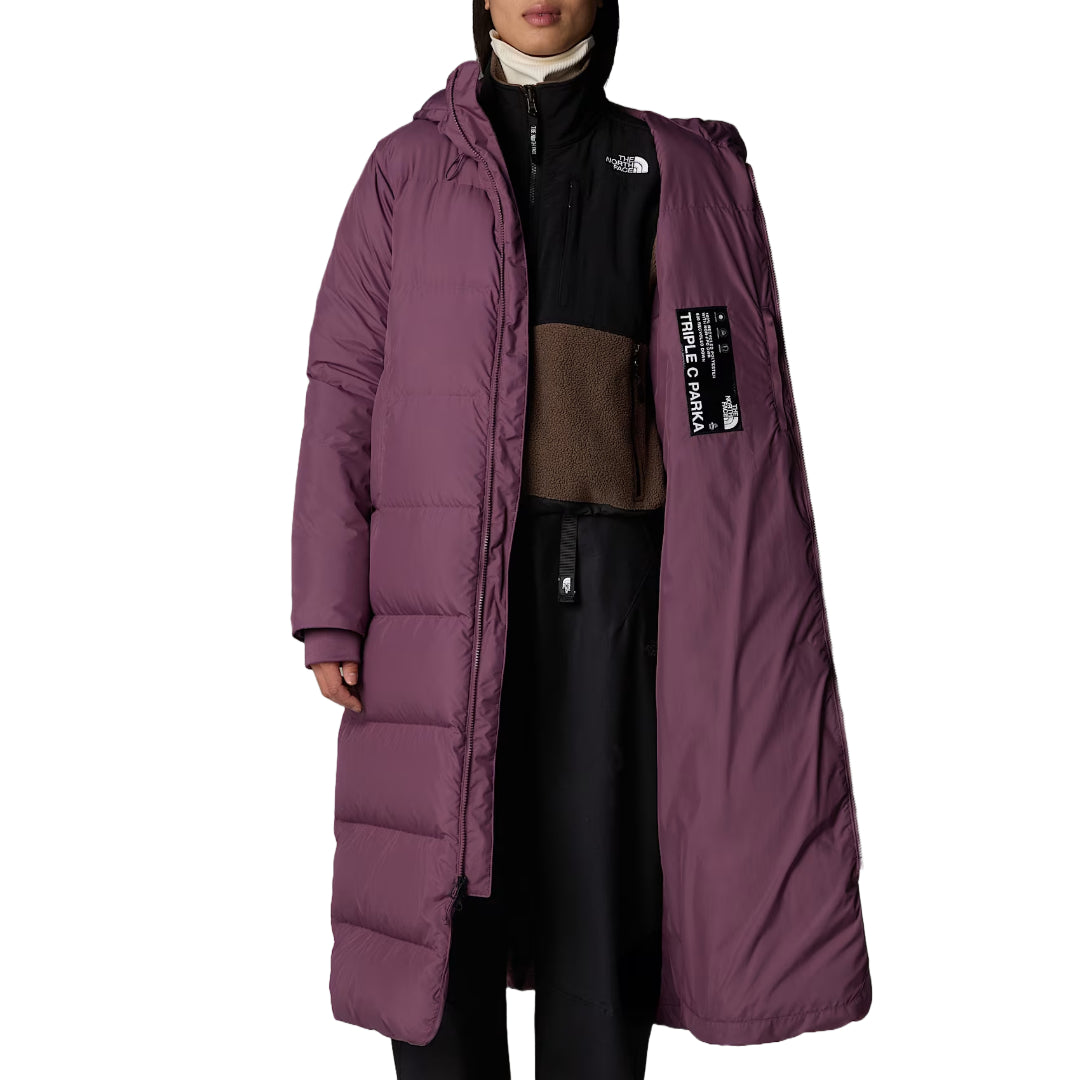 The North Face Women's Triple C Parka, long insulated winter coat with down fill, designed for warmth and style in cold weather.