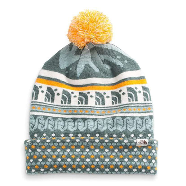 North Face Ski Tuke Pom Hat #NF0A4SIE351 Laurel Wreath Green Kilim Geo MED Print