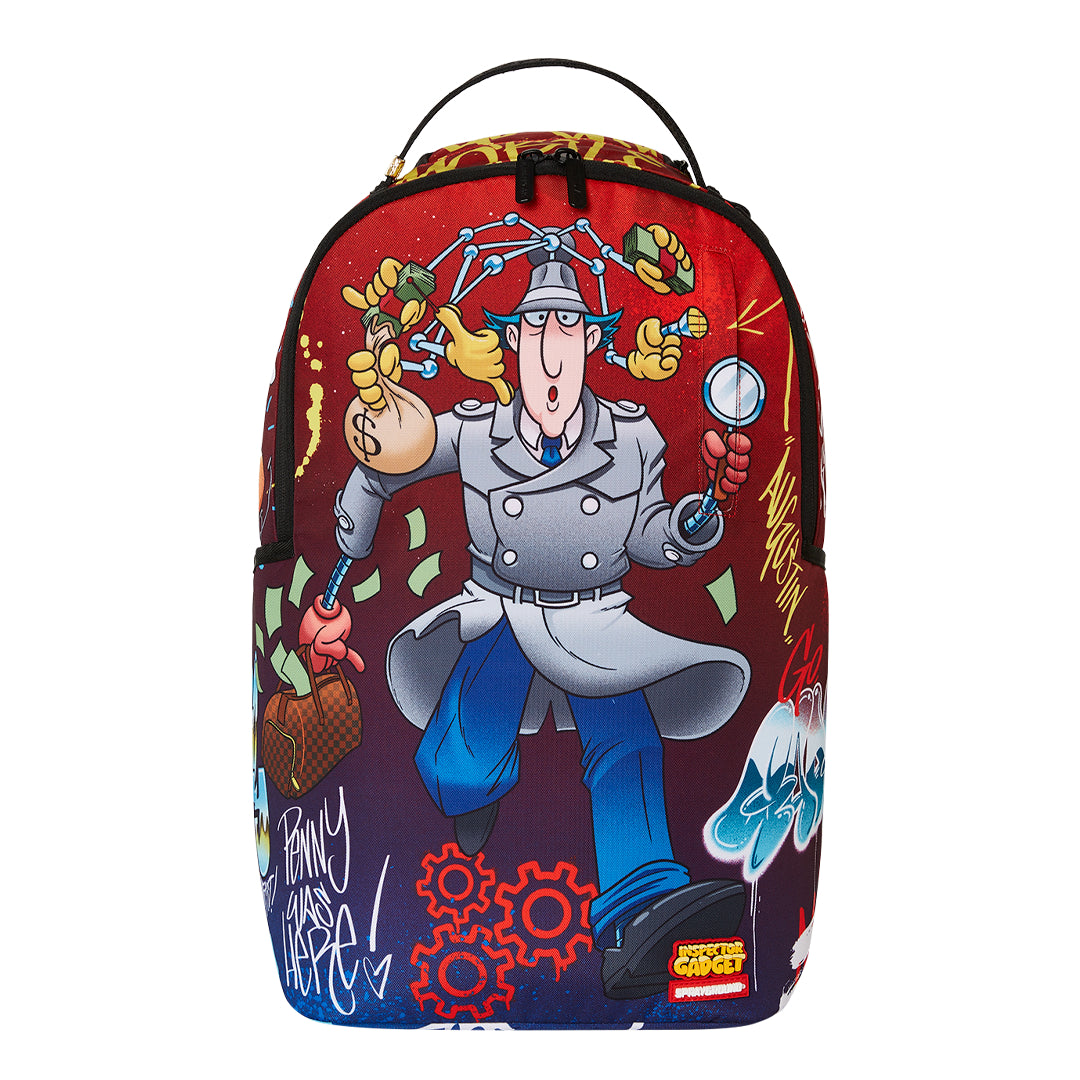 SPRAYGROUND Inspector Gadget DLXSR Backpack featuring bold cartoon graphics of Inspector Gadget on a sleek, water-resistant vegan leather exterior