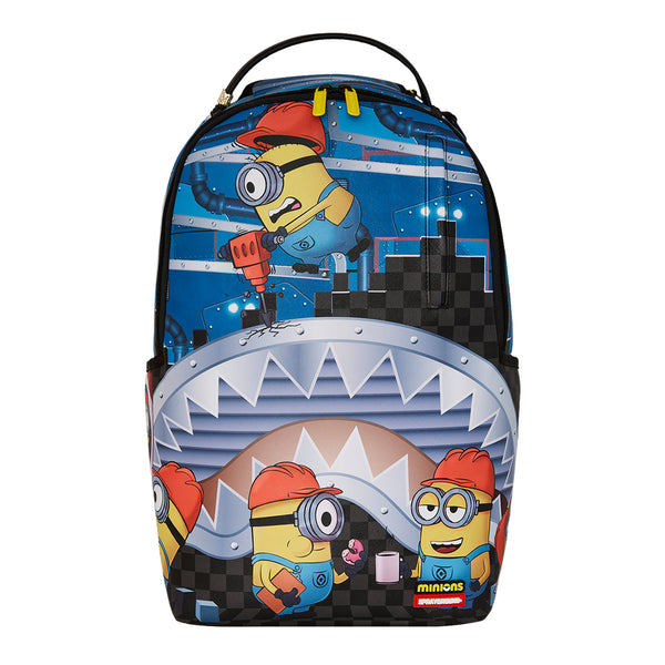 SPRAYGROUND Minions Sprayground Builders DLXSV Backpack featuring playful Minions construction scene on a durable water-resistant vegan leather background