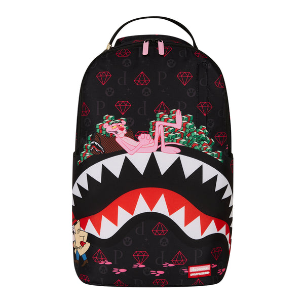 Sprayground DLXR Backpack featuring subtle pink paw prints and the Pink Panther peeking out, with gold zippers, black base, and multiple compartments for organized storage and travel.